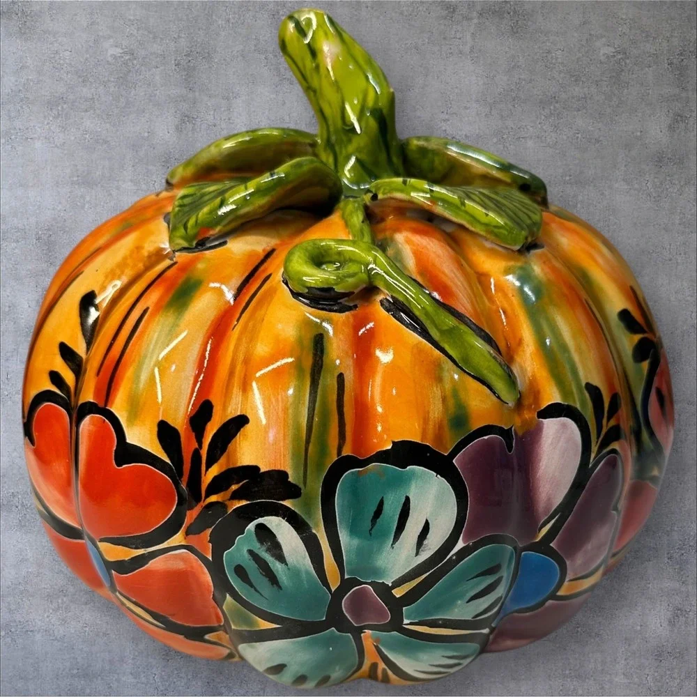 Hand Painted Ceramic Pumpkin Jack-O-Lantern H. MEX Mexican‎ Folk Art 7